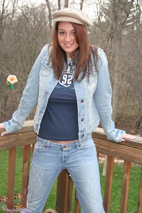 Solo girl Nikki Sims pulls down jeans over panties in a knitted capon deck 67272463