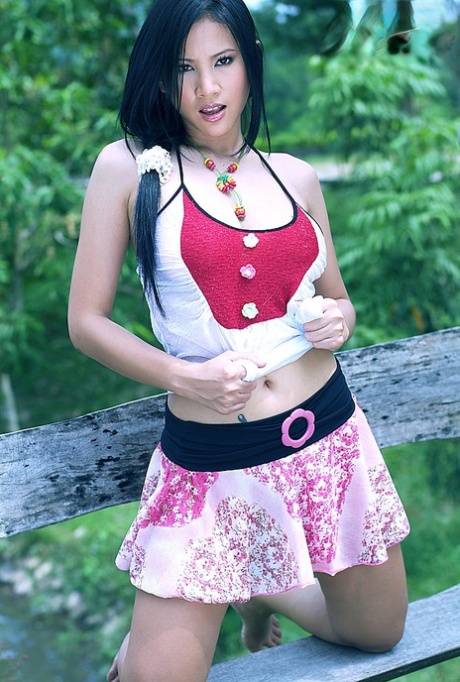Beautiful Thai girl Nancy Ho disrobes on a rustic garden bench 91382851
