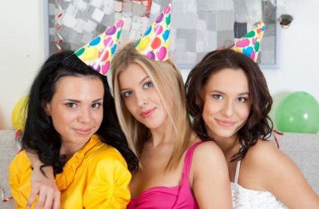 Three young girls uncover their small boobs during a birthday party 25693391