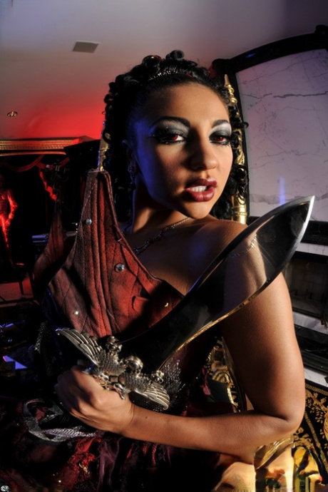 Brunette Vampire Audrey Bitonia hikes her garments to show her bald pussy 80265706