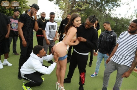 Brunette slut spits out jizz after interracial blowbang by golf clubhouse 38168840