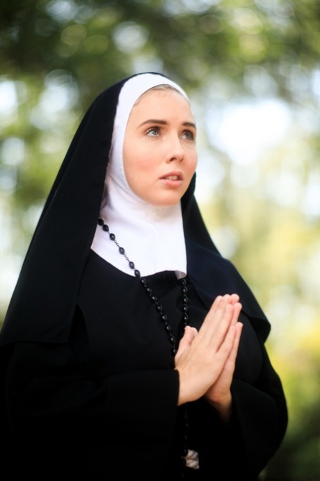 Thick Nun exposes herself in the courtyard wearing over the knee socks 19890799
