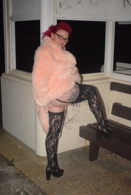 Amateur chick with dyed hair steps out of a vehicle to flash in lingerie 59934744