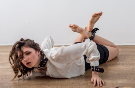 Pretty white girl Disha is cuffed at her wrists and ankles in her clothing 74017246