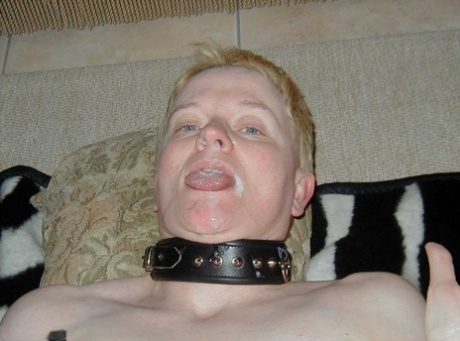 Older lady with short hair Tiffany Pearl wears a slave collar during kinky sex 92450988