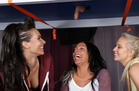 British chicks suck on a restrained man's cock beneath a massage table 14836995