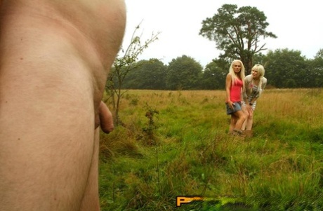 Blonde British women Caprice Jane & Syren Sexton give an outdoor CFNM handjob 30153242