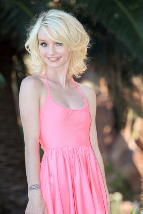 Tiny titted skinny teen Sammie Daniels doffs short dress to pose naked outside 26404801