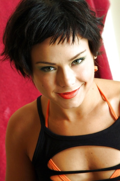 Short haired teen brunette stripping and exposing her trimmed cunt 98825418