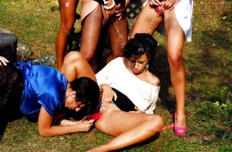 Kinky gals sharing a hard cock and getting pissed on outdoor 77762885