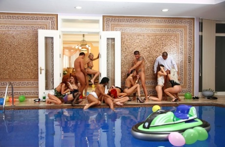 Salacious MILFs enjoy a wild orgy with horny guys at the pool party 29420562