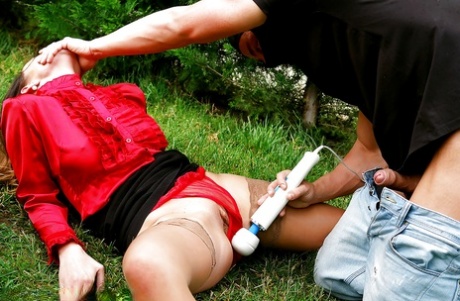 Hot gal gets skull fucked and has some vag vibing fun with masked lad outdoor 63337639